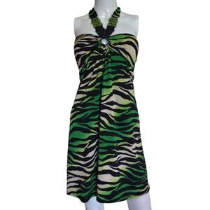 Fresh of LA Mini Dress Woman Medium Green Animal Print‎ Studded Halter Neck